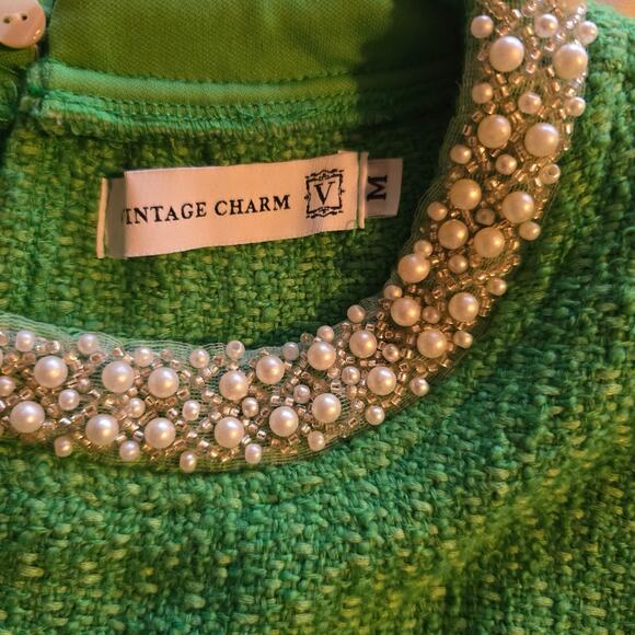 Womens bejeweled neckline jade green bubble sleeve top size medium Vintage Charm - Picture 6 of 10